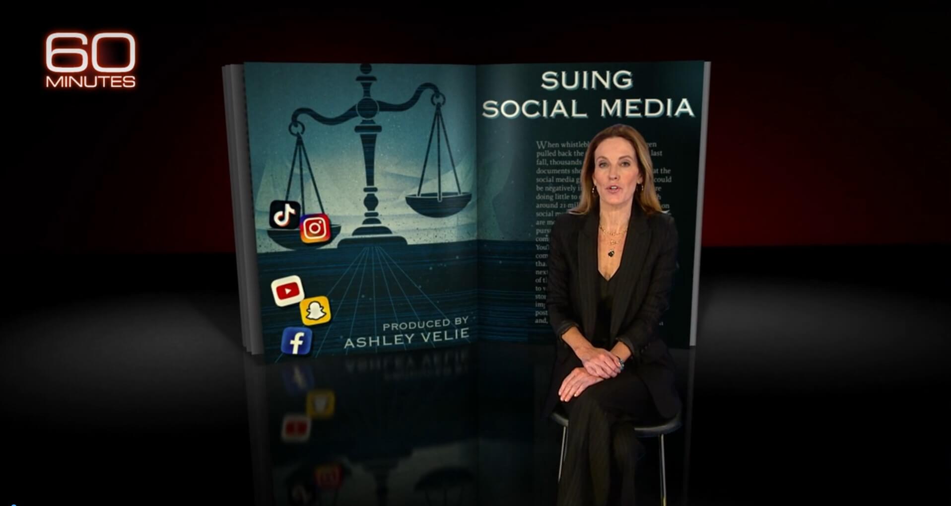 A screen catpure of the 60 Minute broadcast titled "Suing Social Media"