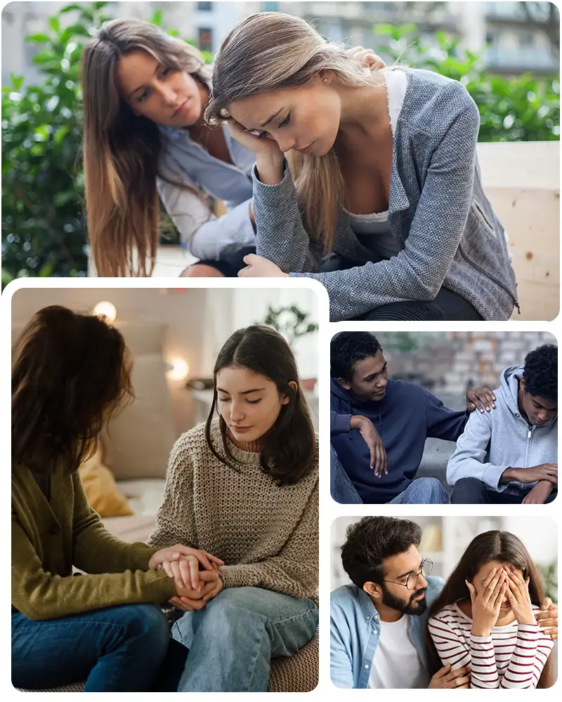 A collage featuring various image of troubled young people being comforted and consoled by a loved one