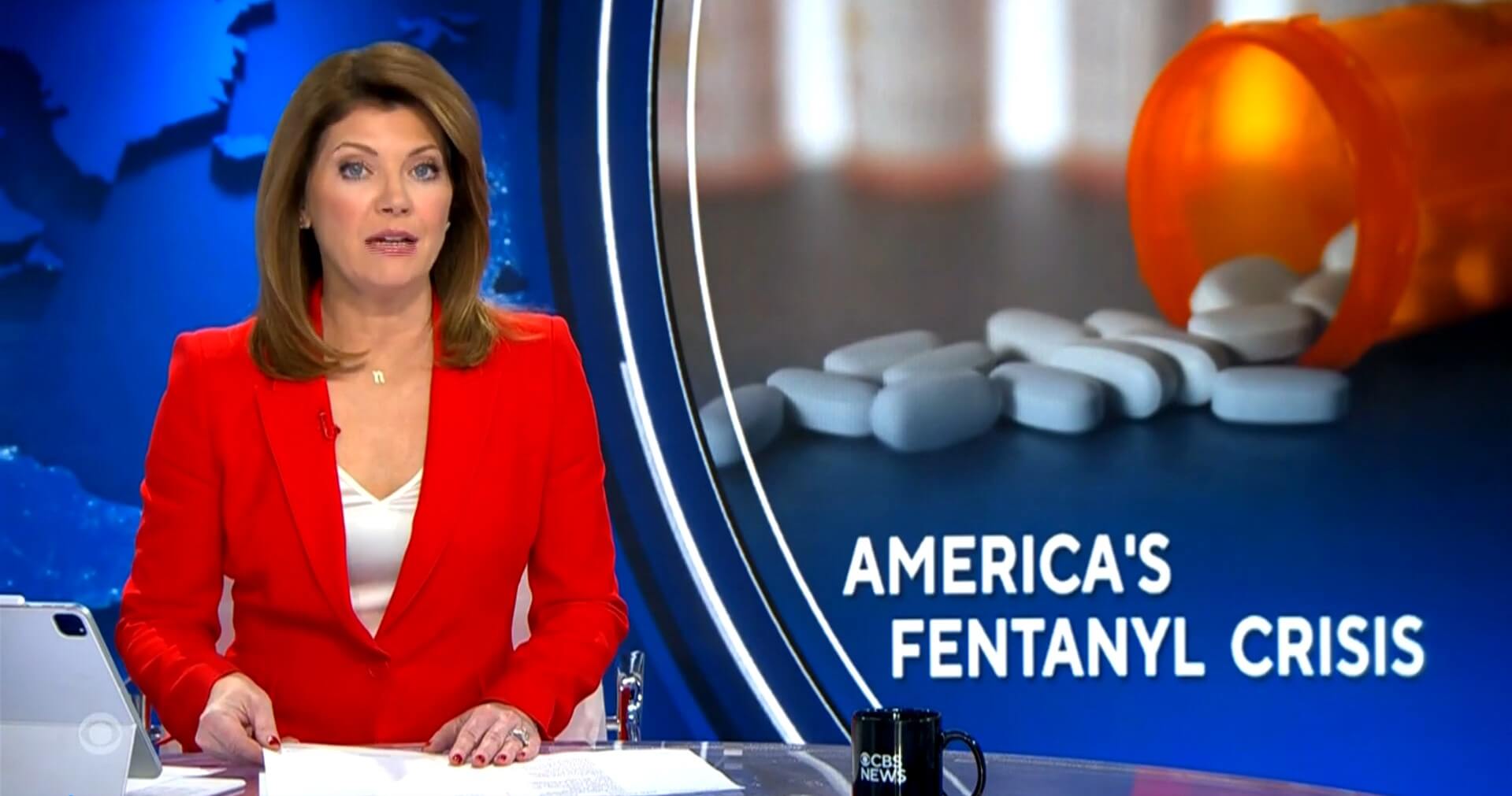 A screen capture of the CBS News broadcast titled "America's Fentanyl Crisis"