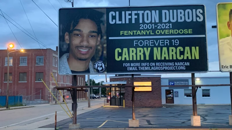 A billboard in remembrance of Cliffton Dubois who died of a Fentanyl overdose
