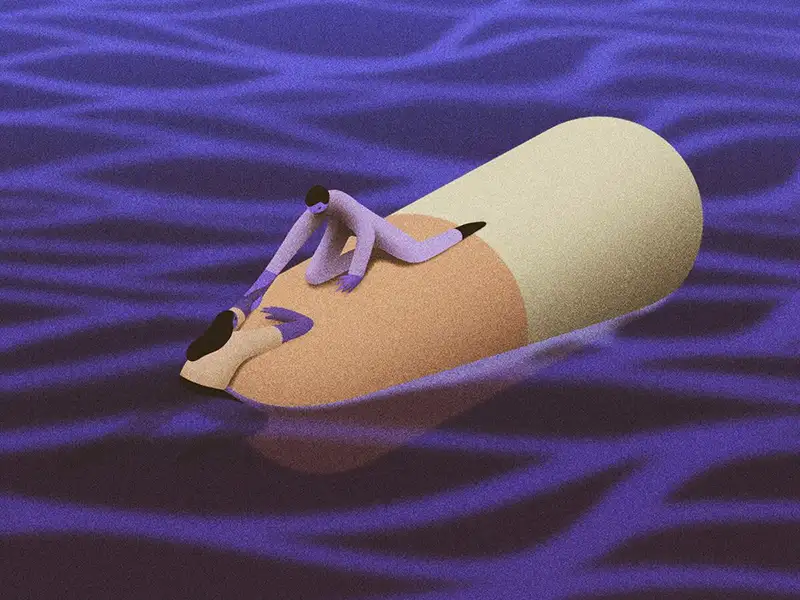 An illustration of a pill floating on water as a life raft